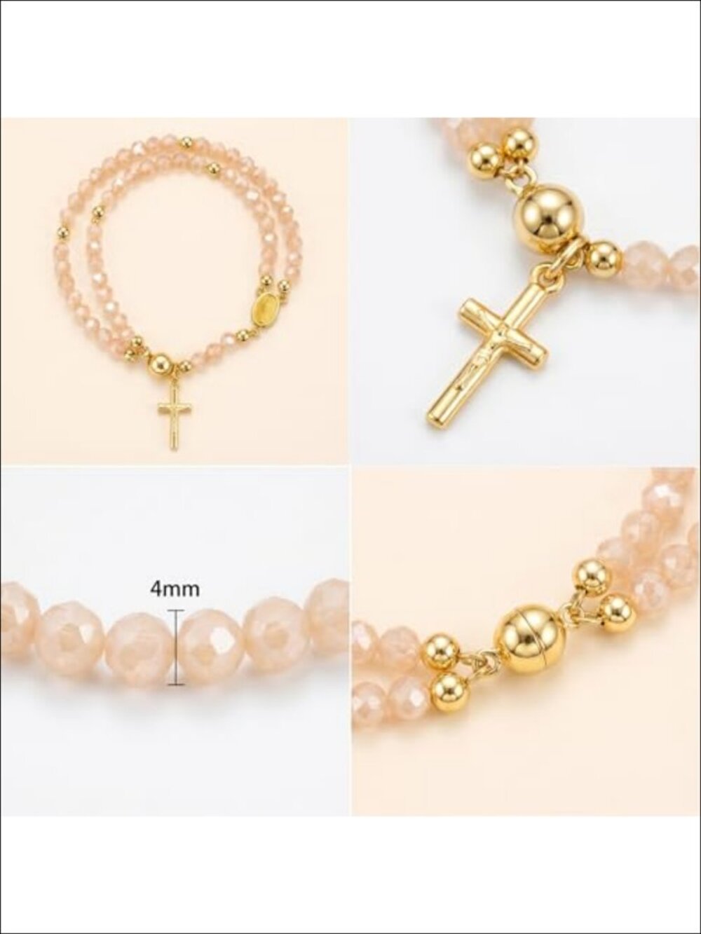Rosary Cross Bracelet Women Crystal Beaded Gold Cross Pendant Religious Charm - Picture 5 of 6